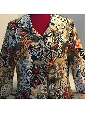 Kaktus Wearable Art woman's geometric tribal pattern lightweight button jacket L